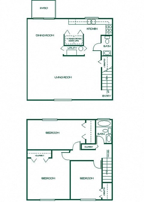 Floor plan for 3 beds, 2 baths, 1112 sqft